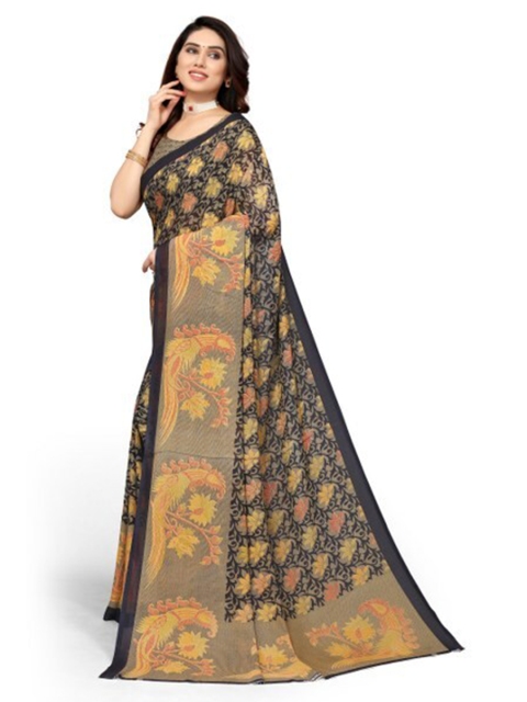 

Yashika Black & Cream-Colored Floral Print Poly Georgette Saree