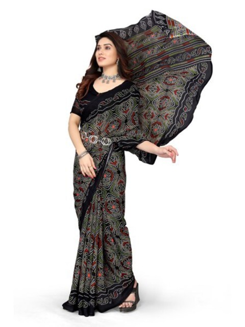 

Yashika Black & Black Floral Printed Saree With Unstiched Blouse
