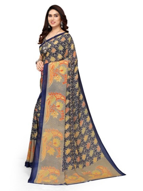 

Yashika Navy Blue & Cream-Coloured Georgette Floral Printed Saree