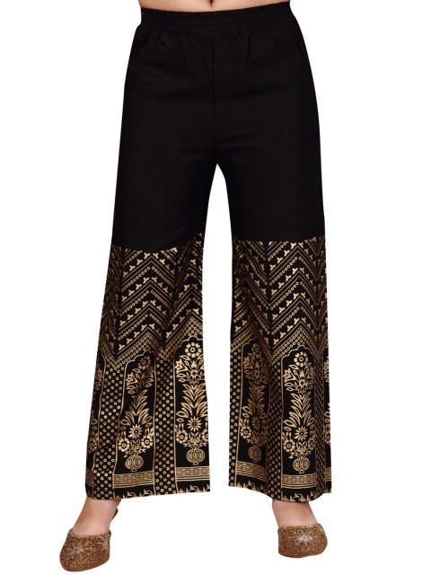 

Aarika Girls Black & Gold-Toned Floral Printed Handloom Palazzos