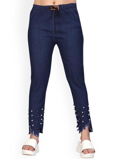 

Aarika Teen Girls Navy Blue Embellished Stretchable Frayed Hem Cotton Jeans