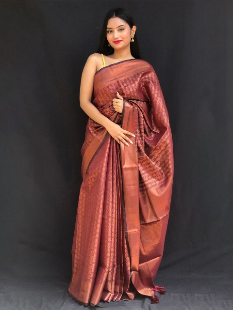 

Mitera Maroon & Copper-Toned Woven Design Zari Silk Blend Saree