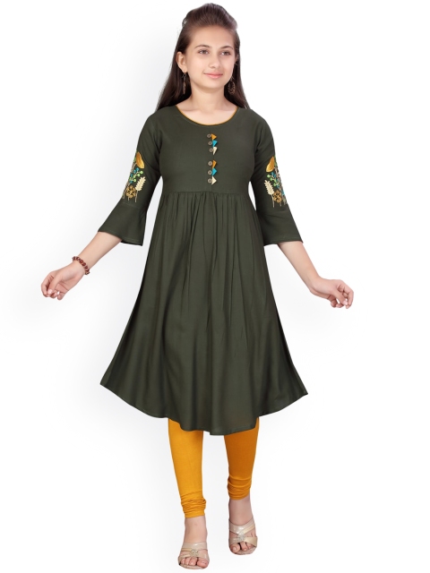 

Aarika Girls Olive Green Flared Sleeves Kurta