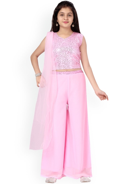 

Aarika Girls Sequined Pure Cotton Top with Palazzos & With Dupatta, Pink