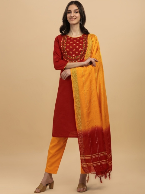 

MORLY Women Floral Yoke Design Mirror Work Kurta with Trousers & Dupatta, Red