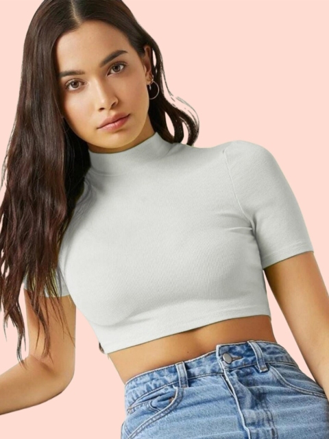 

Dream Beauty Fashion White Solid High Neck Fitted Crop Top