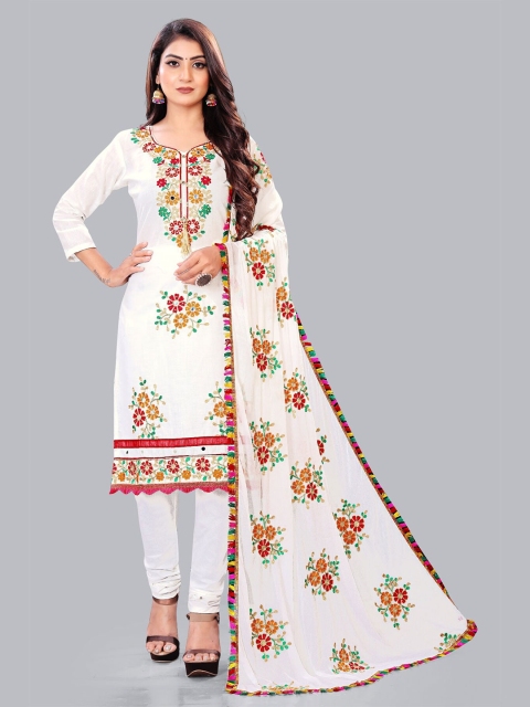 

BIRVAA White & Red Printed Pure Cotton Unstitched Dress Material