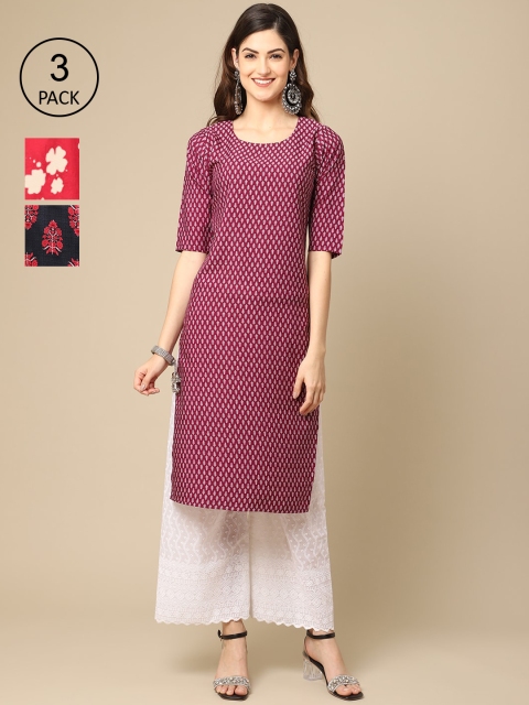 

Ethnic basket Pack of 3 Women Floral Printed Block Print Crepe Kurta, Burgundy