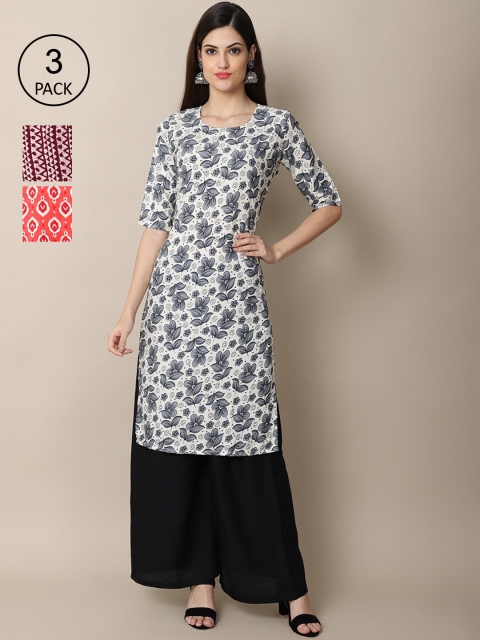 

Ethnic basket Women Pack of 3 Floral Printed Crepe Straight Kurta, White