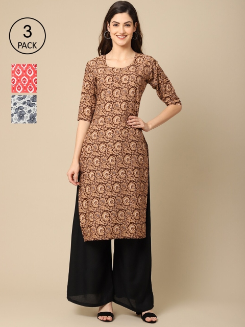 

Ethnic basket Women Pack of 3 Brown & Grey Floral Printed Block Print Crepe Kurta