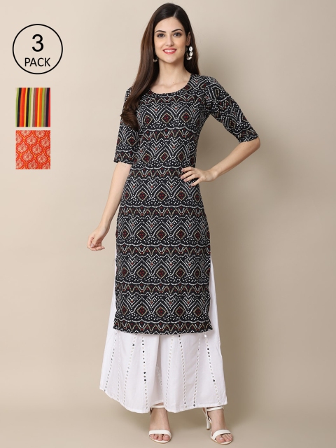 

Ethnic basket Women Pack of 3 Black & Orange Crepe Kurtas