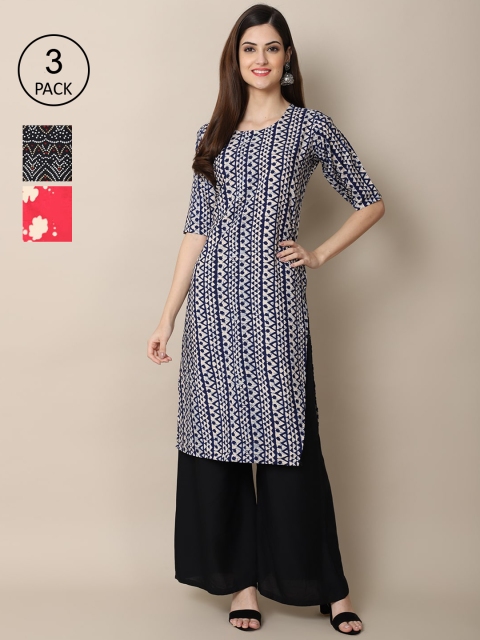 

Ethnic basket Women Pack Of 3 Ethnic Motifs Printed Crepe Kurta, Blue