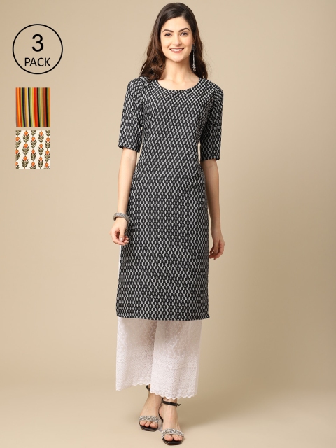 

Ethnic basket Women Pack of 3 Beige & Black Floral Block Print Crepe Kurta