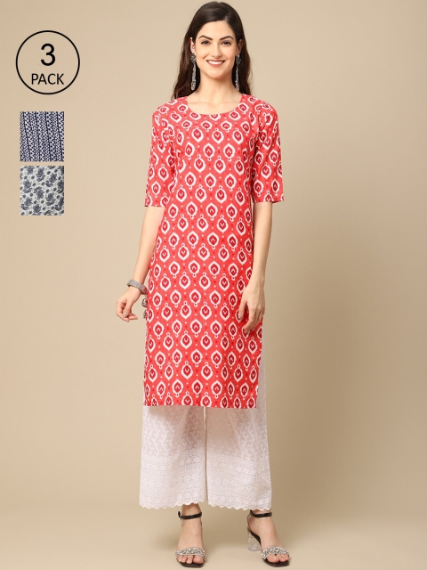 

Ethnic basket Women Pack Of 3 Floral Printed Crepe Kurtas, Coral