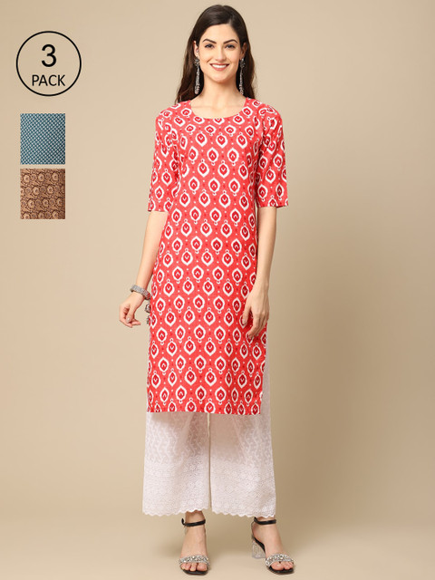 

Ethnic basket Women Pack of 3 Printed Crepe Kurtas, Pink