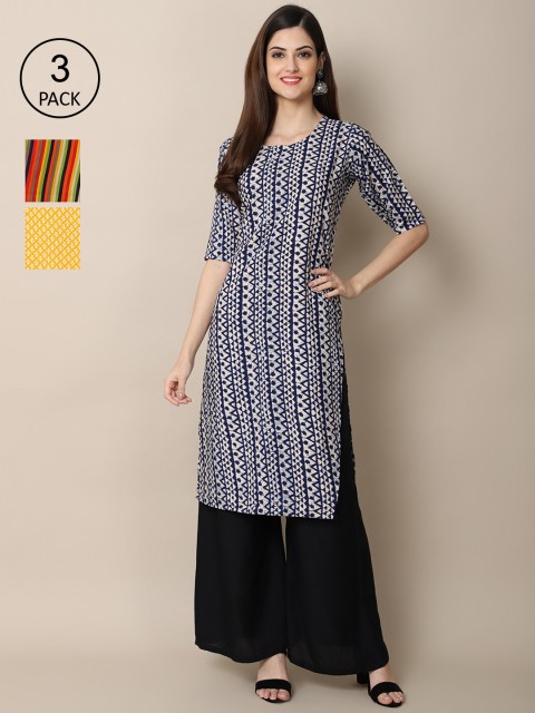 

Ethnic basket Women Pack Of 3 Blue & Orange Ethnic Motifs Printed Block Print Crepe Kurtas