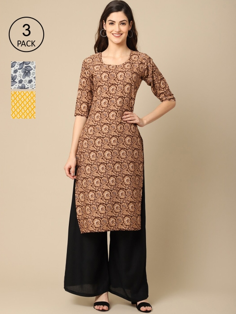 

Ethnic basket Pack of 3 Women Floral Printed Block Print Crepe Kurta, Brown