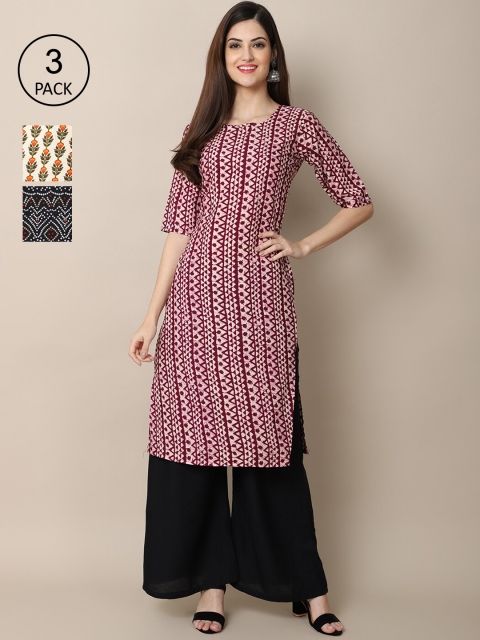 

Ethnic basket Pack of 3 Women Ethnic Motifs Printed Block Print Crepe Kurta, Maroon