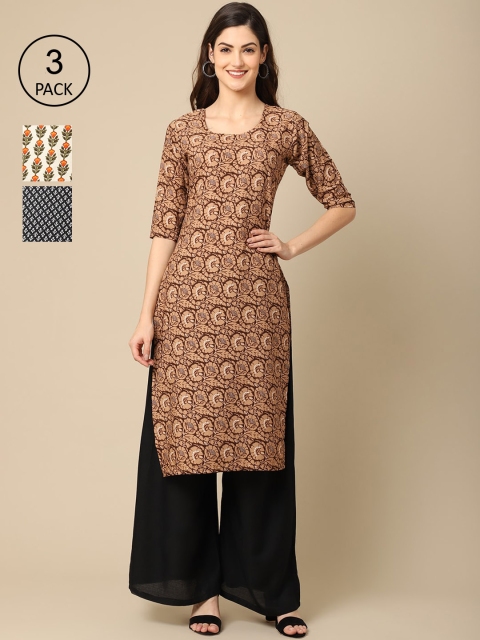 

Ethnic basket Women Pack of 3 Block Print Crepe Kurta, Beige