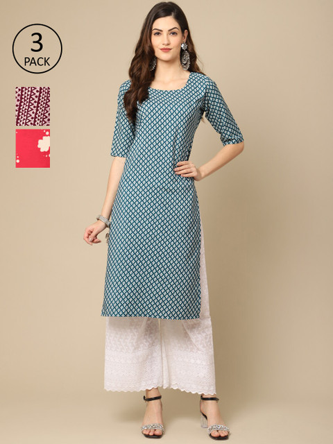 

Ethnic basket Pack Of 3 Women Blue & Red Geometric Printed Crepe Kurta