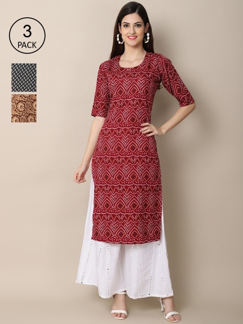 

Ethnic basket Women Pack Of 3 Printed Crepe Straight Kurta, Maroon