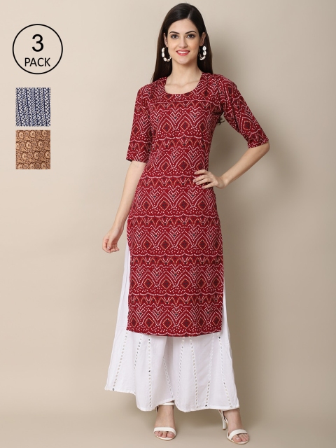 

Ethnic basket Women Pack Of 3 Geometric Printed Crepe Kurta, Maroon