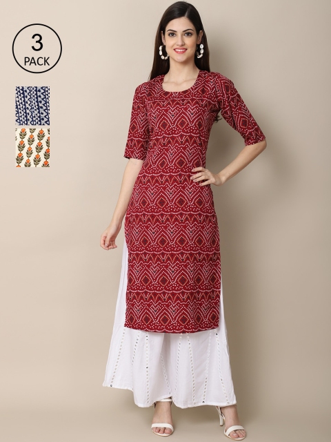 

Ethnic basket Women Cream & Maroon Pack Of 3 Floral Printed Block Print Crepe Kurta