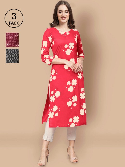 

Ethnic basket Women Pack of 3 Coral & Maroon Ethnic Motifs Printed Crepe Kurta