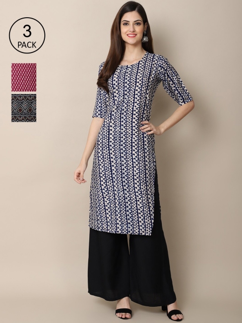 

Ethnic basket Women Pack of 3 Black & Maroon Ethnic Motifs Printed Crepe Kurta