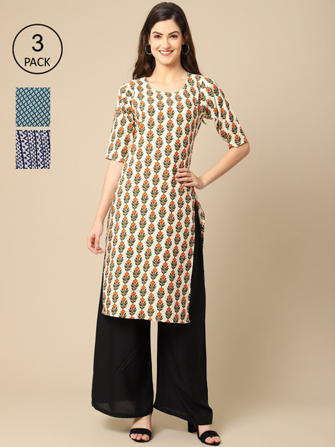 

Ethnic basket Pack of 3 Women Ethnic Motifs Printed Block Print Crepe Kurta, Cream