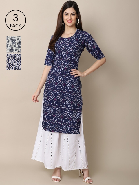 

Ethnic basket Women Pack Of 3 Bandhani Printed Crepe Kurta, Navy blue