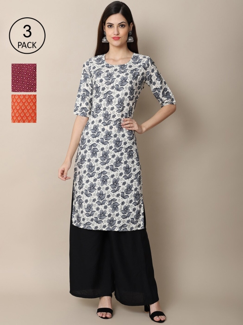 

Ethnic basket Pack of 3 Women Ethnic Motifs Printed Block Print Crepe Kurta, Blue