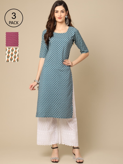 

Ethnic basket Women Pack Of 3 Ethnic Motifs Printed Crepe Kurta, Blue
