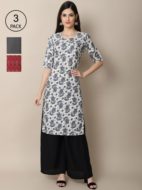 

Ethnic basket Pack of 3 Women Floral Printed Block Print Crepe Kurta, Grey