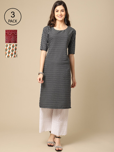 

Ethnic basket Women Pack Of 3 Ethnic Motifs Printed Crepe Kurta, Black
