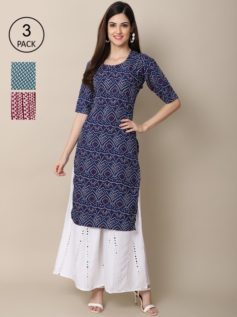 

Ethnic basket Women Pack Of 3 Printed Crepe Kurta, Blue