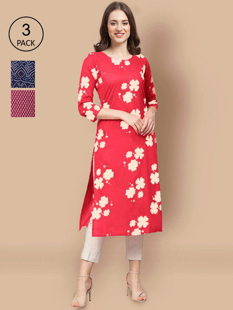 

Ethnic basket Women Pack Of 3 Printed Crepe Kurta, Red