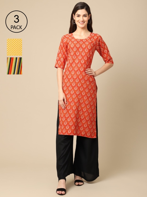 

Ethnic basket Women Pack Of 3 Printed Crepe Kurta, Yellow