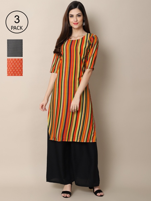 

Ethnic basket Pack of 3 Women Orange & Black Ethnic Motifs Printed Block Print Crepe Kurta