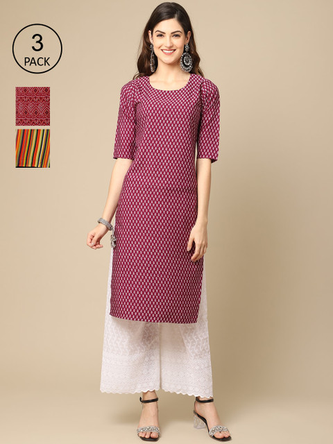 

Ethnic basket Women Pack Of 3 Ethnic Motifs Printed Crepe Kurta, Maroon