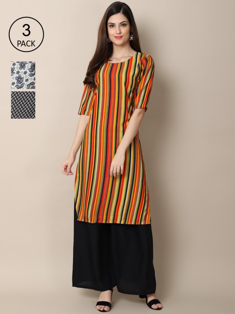 

Ethnic Basket Pack of 3 Stylish Women's Crepe Printed Straight Kurta, Multi