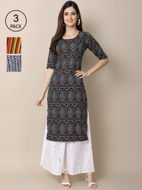 

Ethnic basket Pack of 3 Women Black & Orange Ethnic Motifs Printed Block Print Crepe Kurta