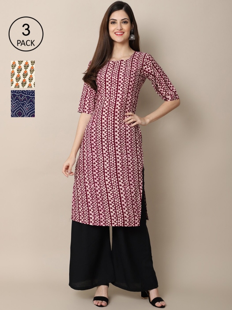 

Ethnic basket Pack Of 3 Women Maroon & Yellow Geometric Printed Crepe Kurta