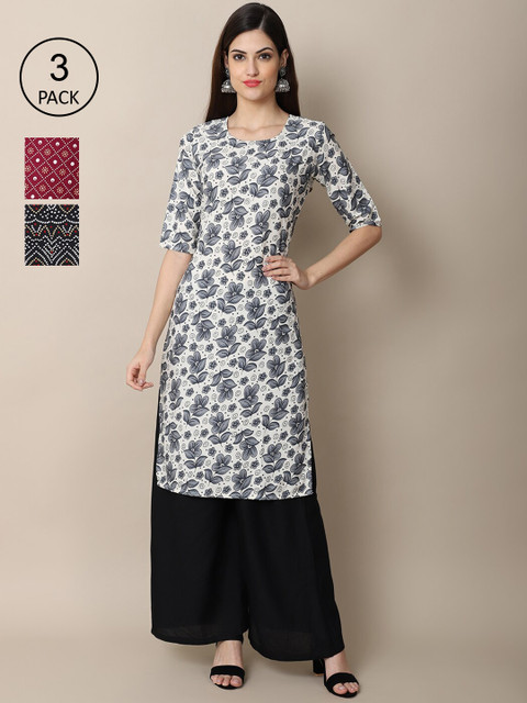 

Ethnic Basket Pack of 3 Stylish Women's Crepe Printed Straight Kurta, Off white