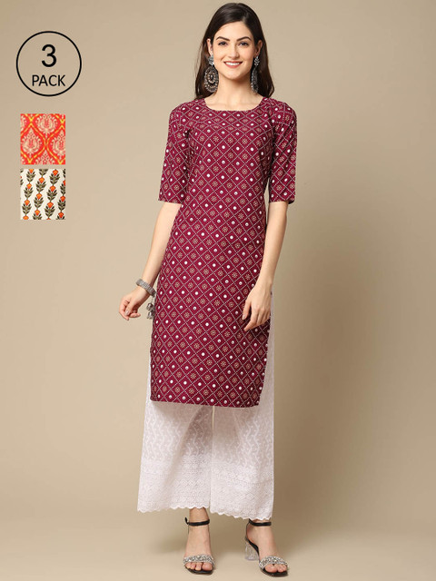 

Ethnic basket Women Pack Of 3 Ethnic Motifs Printed Crepe Kurta, Maroon