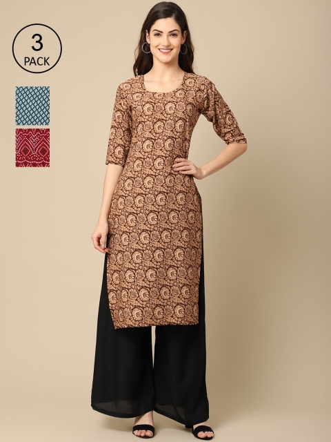

Ethnic basket Women Pack Of 3 Floral Printed Crepe Kurta, Beige