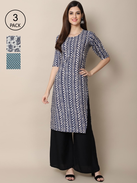 

Ethnic basket Pack Of 3 Women Blue & White Geometric Printed Crepe Kurta