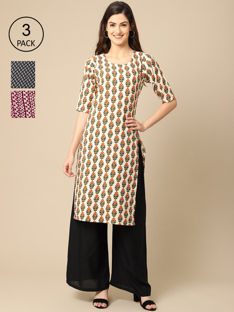 

Ethnic basket Women Multicoloured Geometric Printed Flared Sleeves Mirror Work Block Print Crepe Kurta, Multi