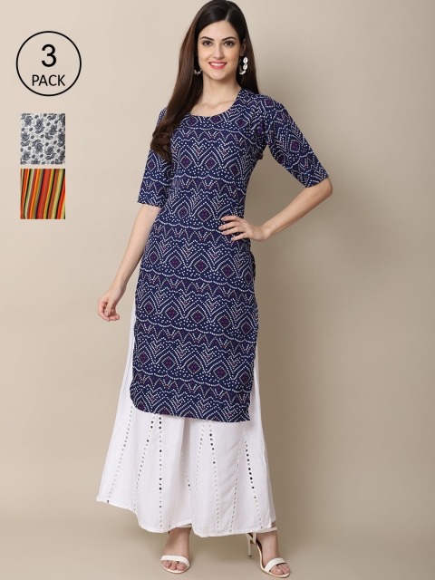 

Ethnic basket Women Pack of 3 Ethnic Motifs Printed Crepe Kurta, Blue
