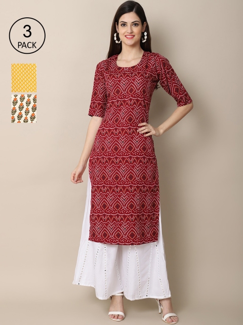 

Ethnic basket Pack Of 3 Women Maroon & Yellow Floral Printed Crepe Kurta